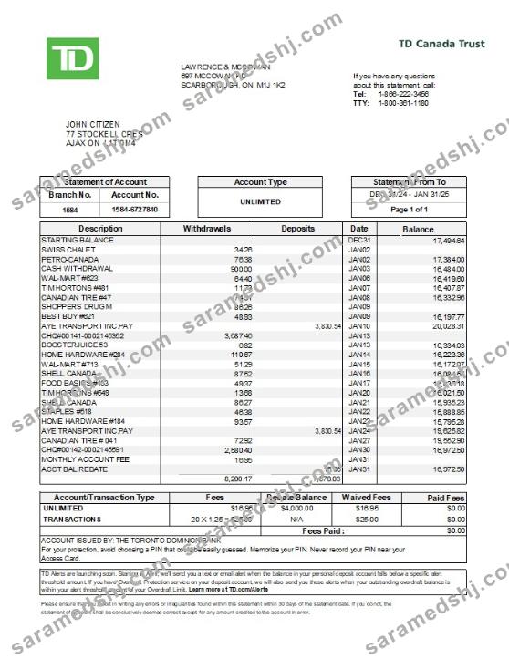 Canada TD Canada Trust bank statement template in Excel and PDF formats